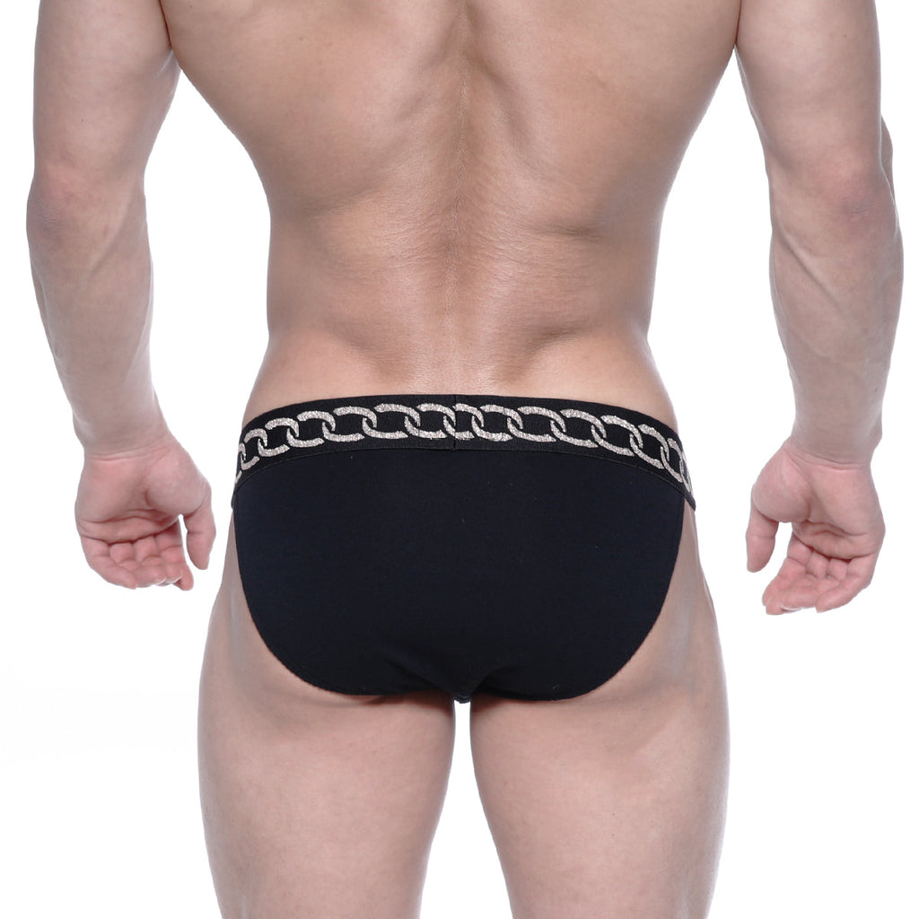 Black briefs with a silver chain-link pattern on the waistband from MetroMaleWear Asian Bikini Metal Black 3004-M20