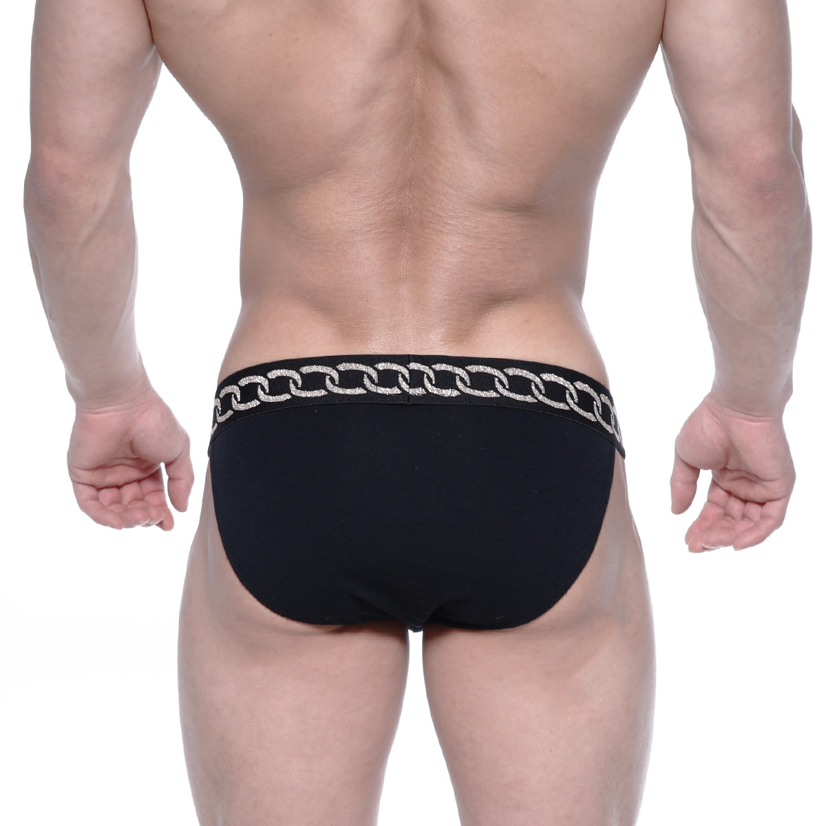 Black briefs with a silver chain-link pattern on the waistband from MetroMaleWear Asian Bikini Metal Black 3004-M20