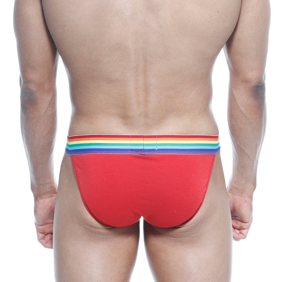 Red metro malewear pride bikini briefs with rainbow-striped waistband for comfortable stylish wear