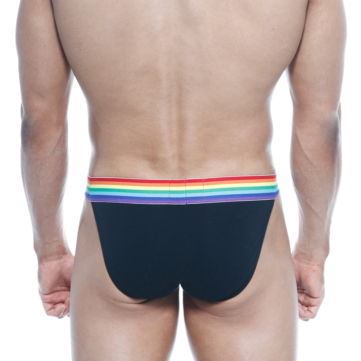 Black briefs with a rainbow-striped elastic waistband from metromalewear pride bikini collection model 3004-r20