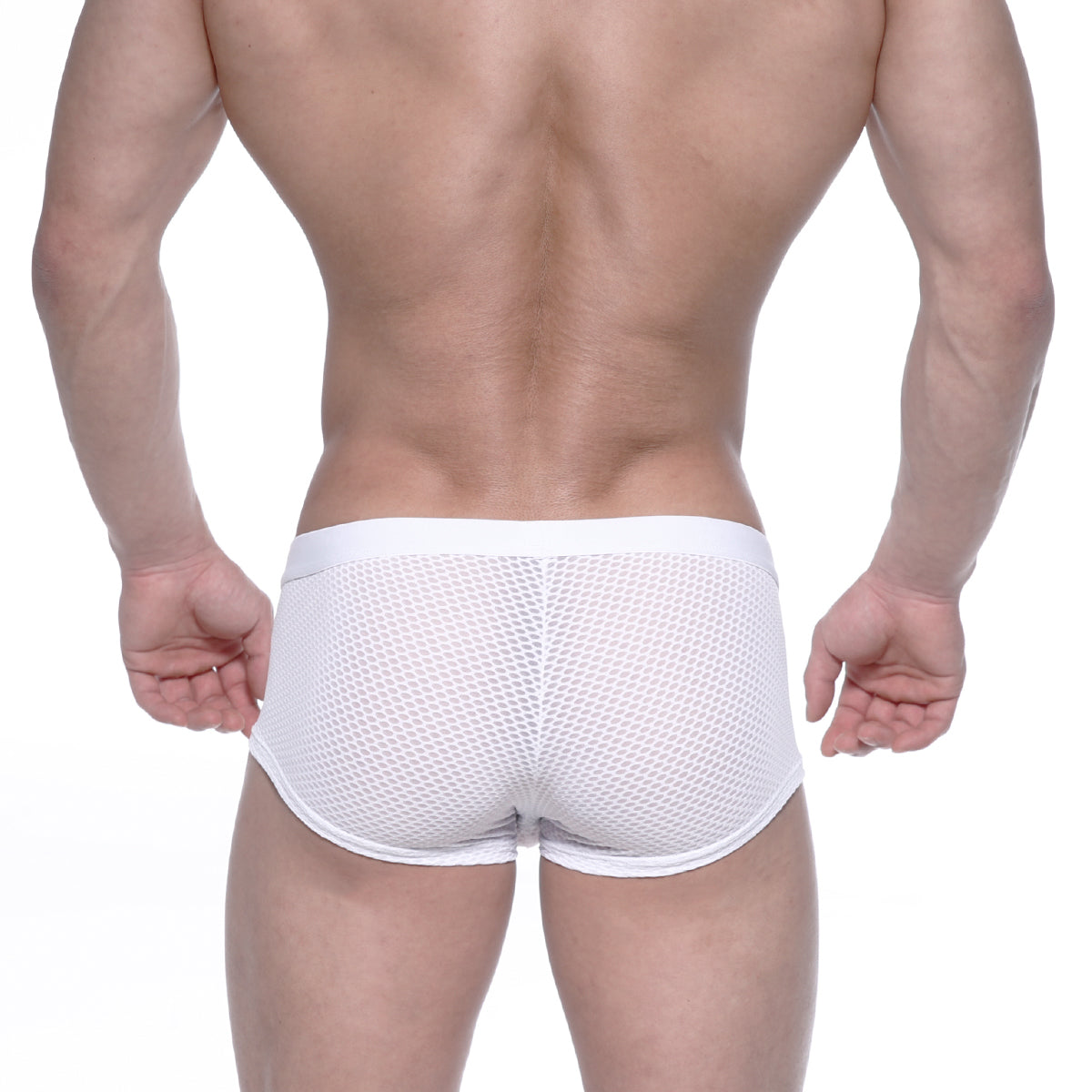 White mesh briefs with solid white waistband from metromalewear bulge boxer 3013-71 front view