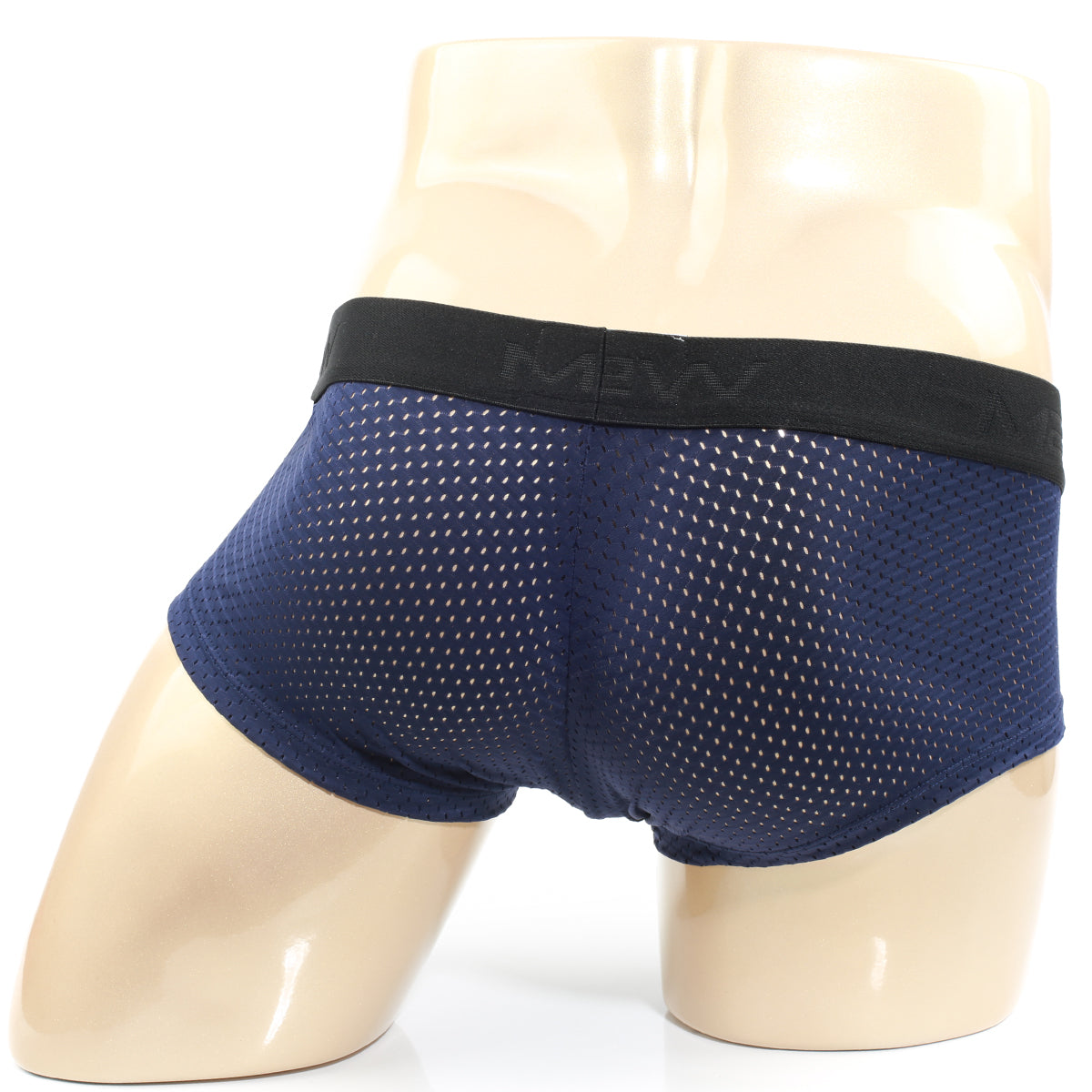 Navy blue mesh briefs with black elastic waistband featuring mevv logo from metromalewear max mesh boxer 3013-76