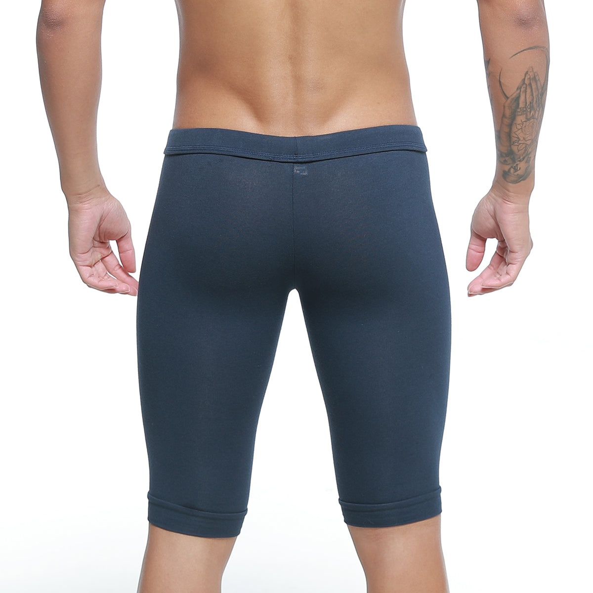 Dark blue form-fitting capri leggings with smooth stretchy fabric and rolled cuffs from MetroMaleWear Mojave Biker 3020-28