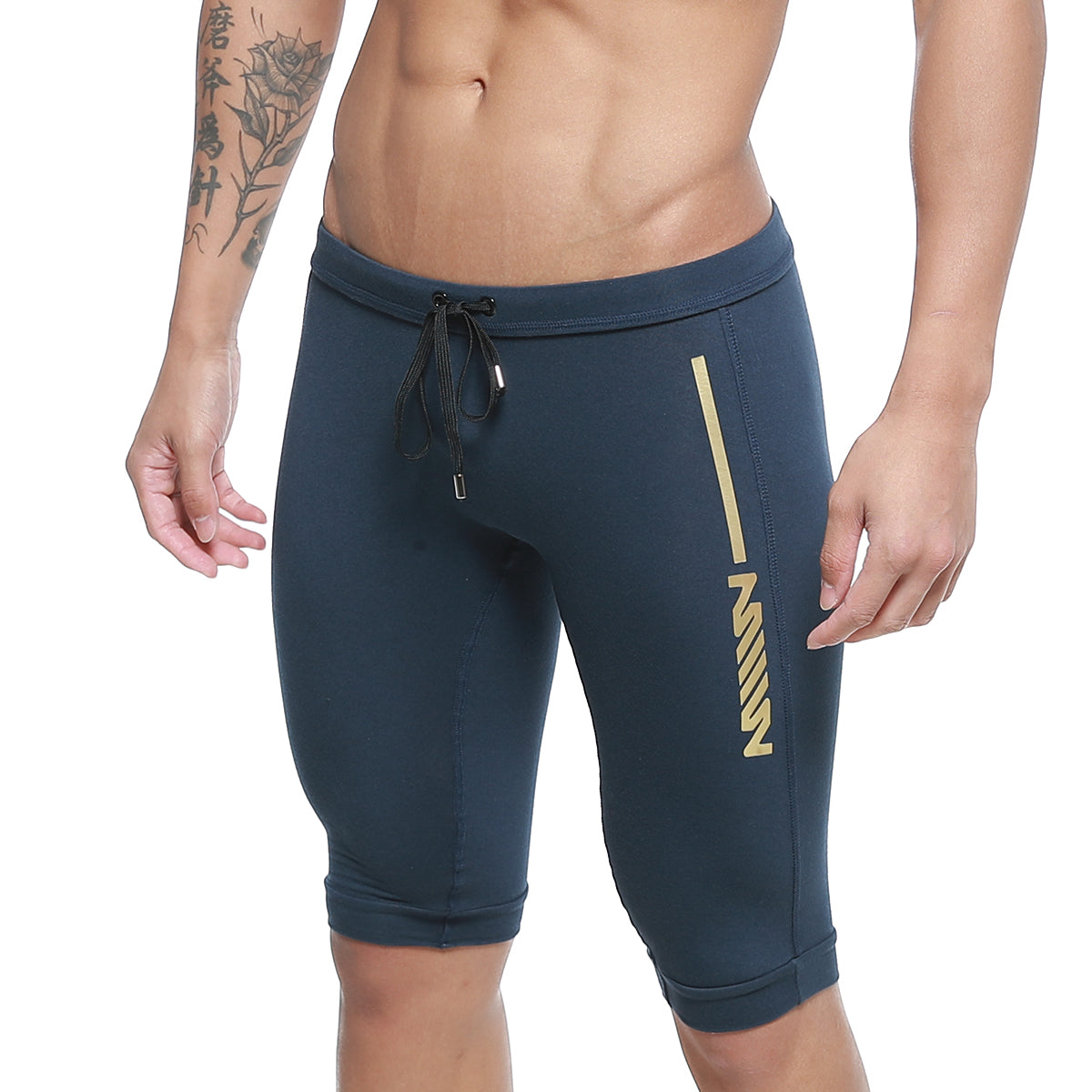 MetroMaleWear Mojave biker dark blue athletic shorts with gold stripe logo elastic waistband and drawstring