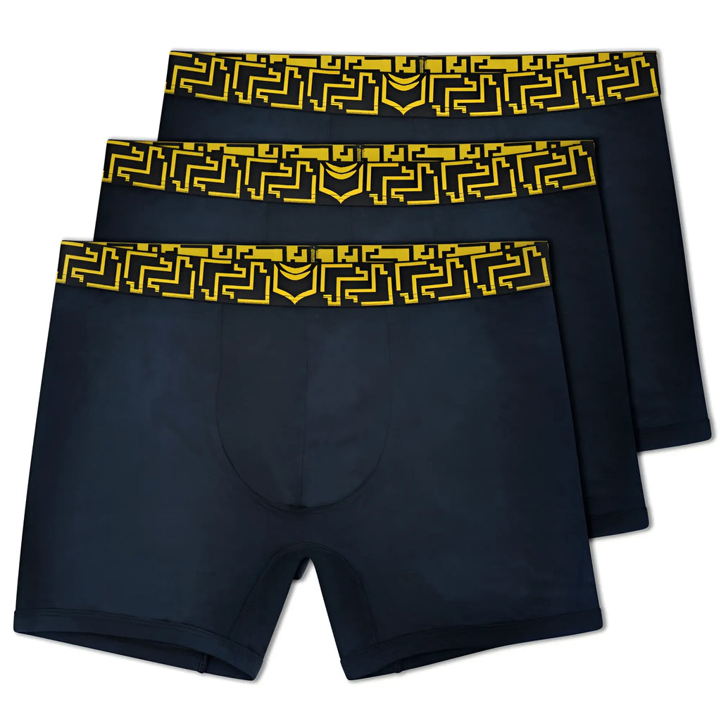 Three navy blue sheath 3.0 modal men’s no-fly boxer briefs with bold yellow geometric waistband 3 pack