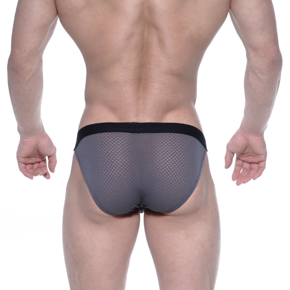 Gray mesh briefs with black elastic waistband from MetroMaleWear grabit bikini 3105-72 in front view