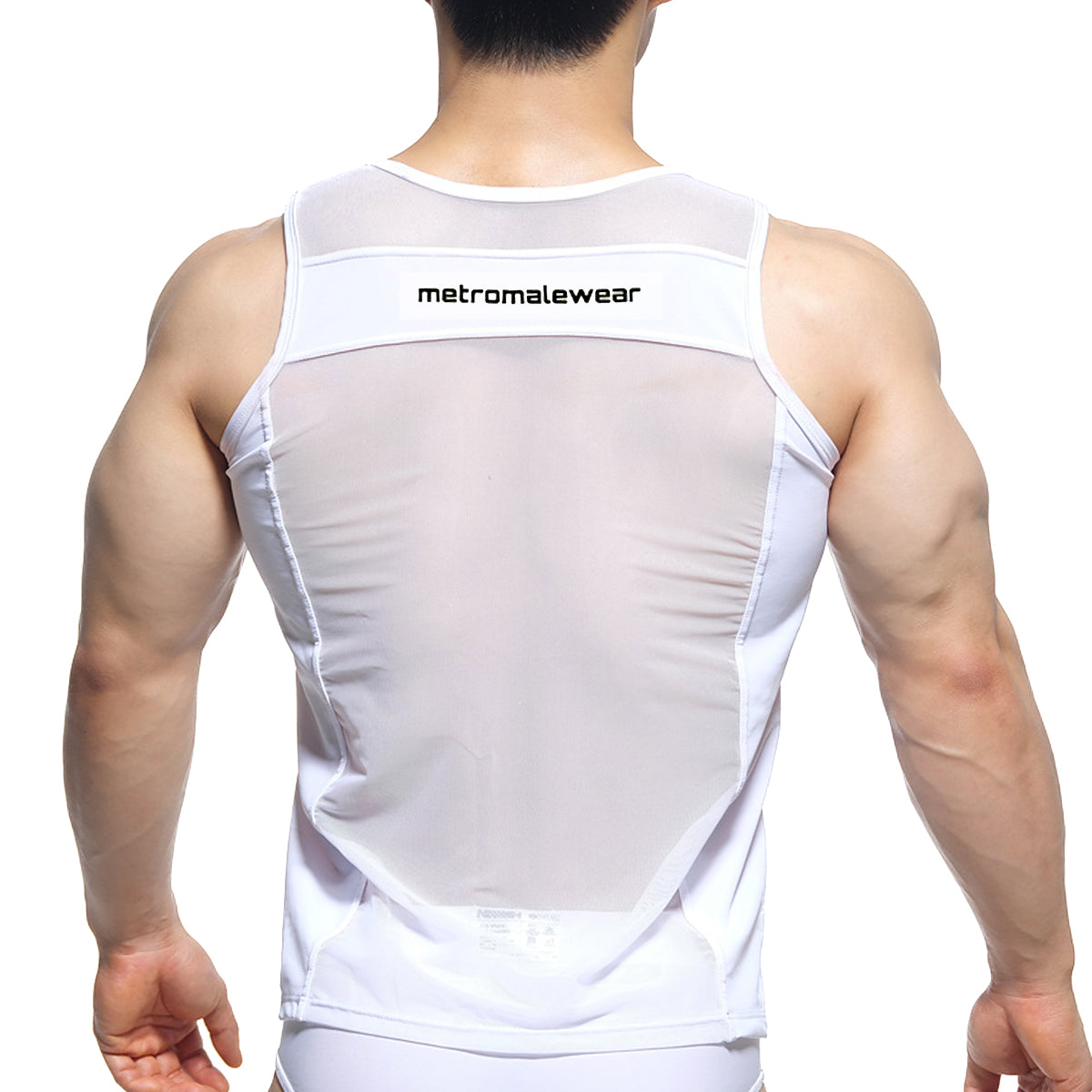 Back of white metroMalewear sheer runner tank top with mesh fabric solid trim and branding across the upper back