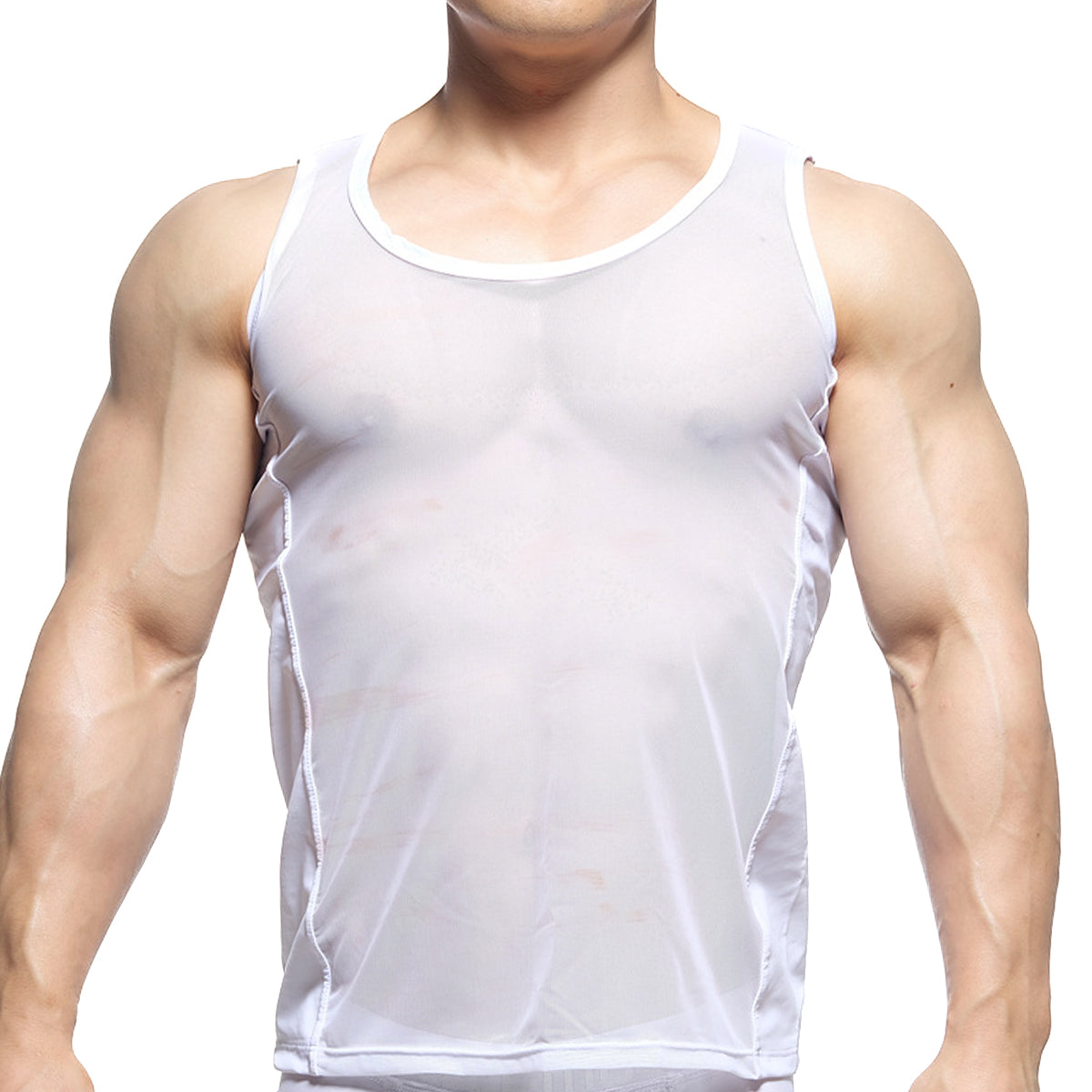 MetroMaleWear sheer runner tank top in white featuring a white sheer mesh fabric and subtle side seam detailing