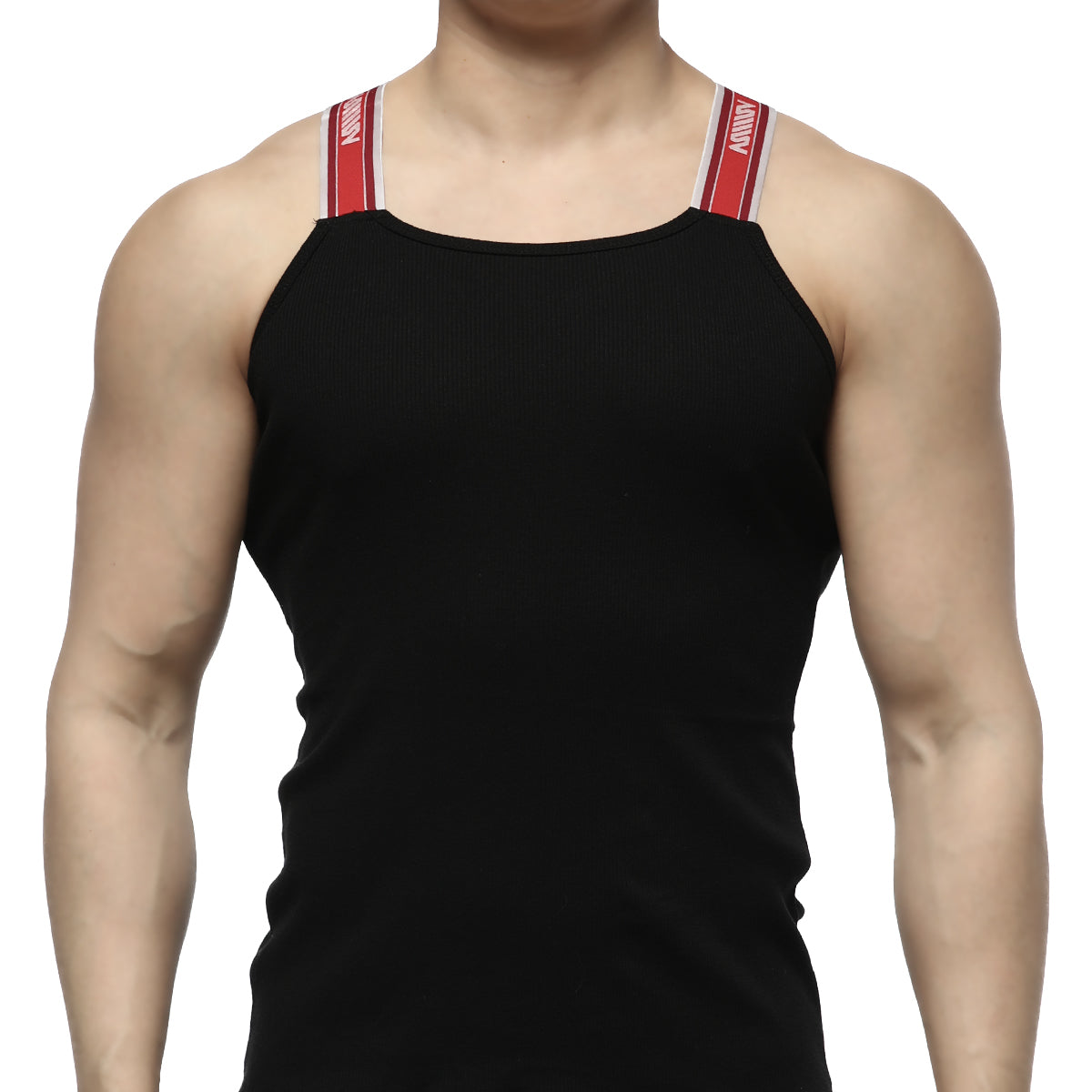 Black tank top with red and white striped shoulder straps and branded logo from MetroMaleWear relaxed tank 3124-20