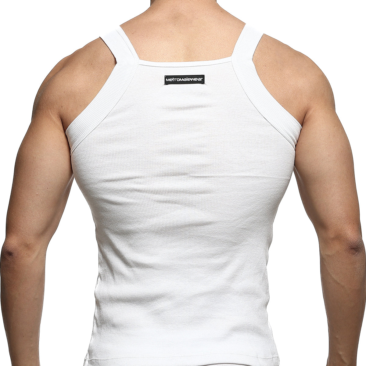 White ribbed square cut tank top with thin shoulder straps and black metromalewear label on the back