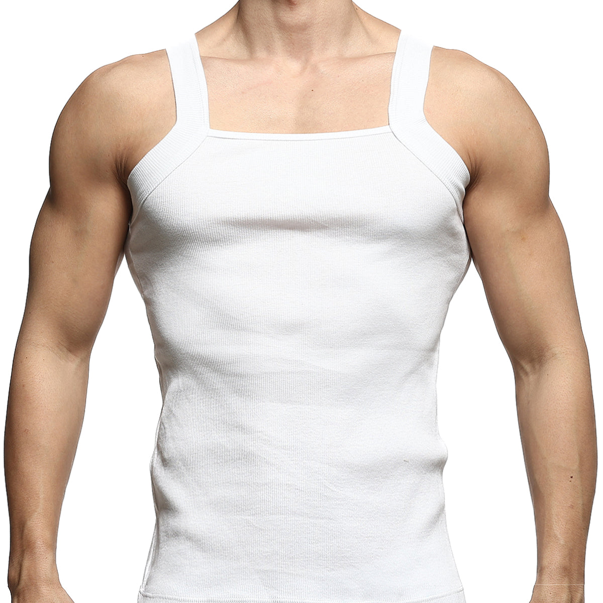 White ribbed cotton tank top with square neckline and wide shoulder straps from MetroMaleWear model 3125-00