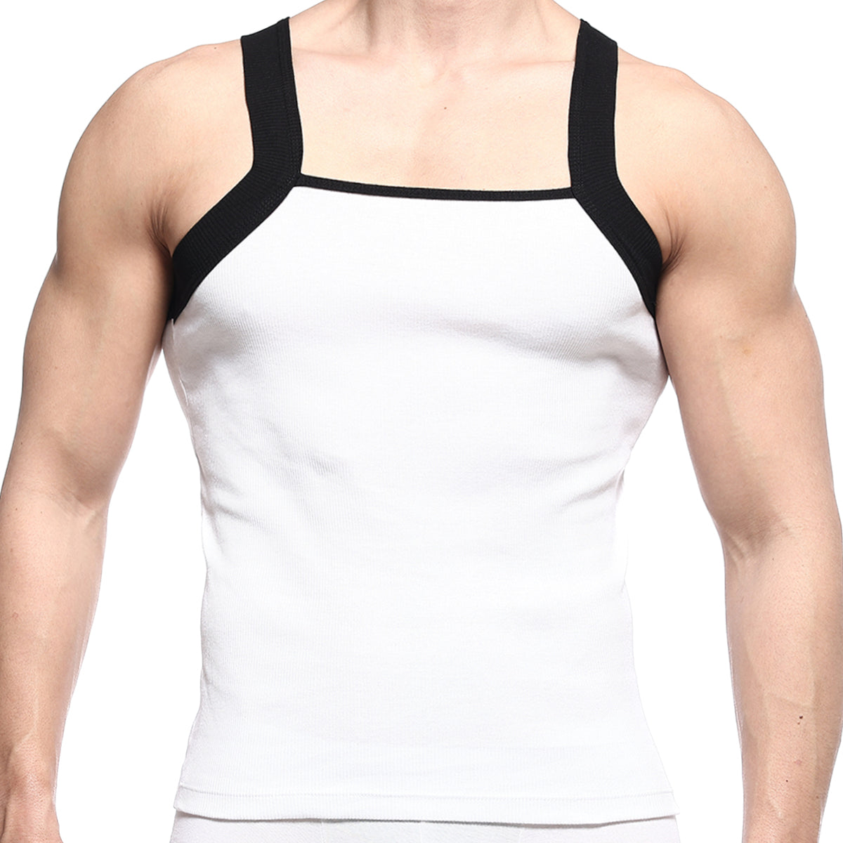 MetroMaleWear square cut tank top in white with black shoulder straps and square neckline for casual wear