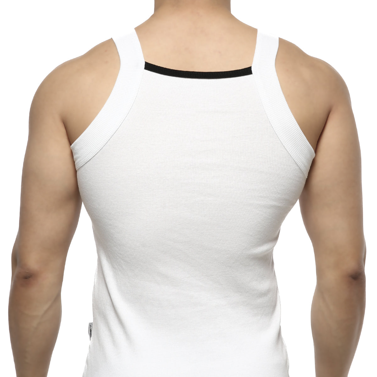 Metro malewear hummer tank top white ribbed cotton with black trim along the neckline for casual wear