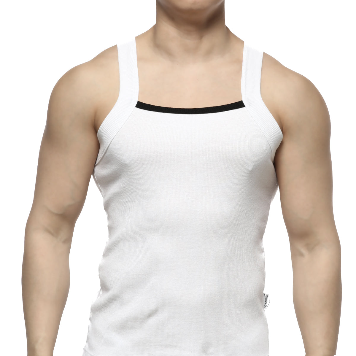 MetroMaleWear hummer tank top white ribbed cotton with black trim along the neckline for casual wear