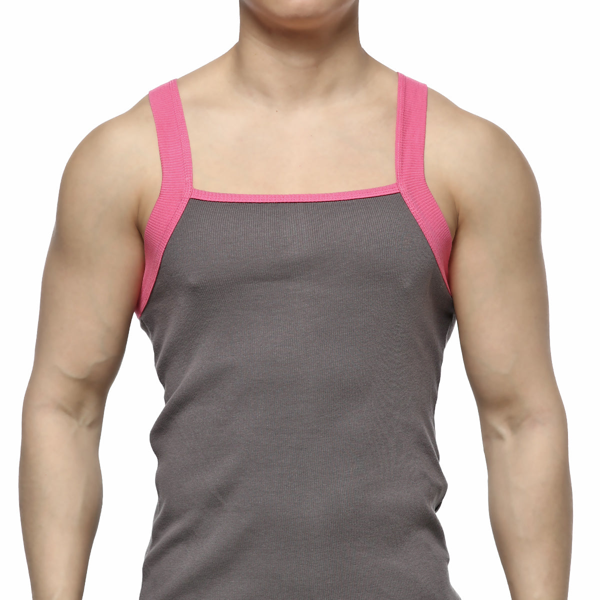 Gray ribbed MetroMaleWear square cut tank top with pink trim on straps and neckline for casual wear