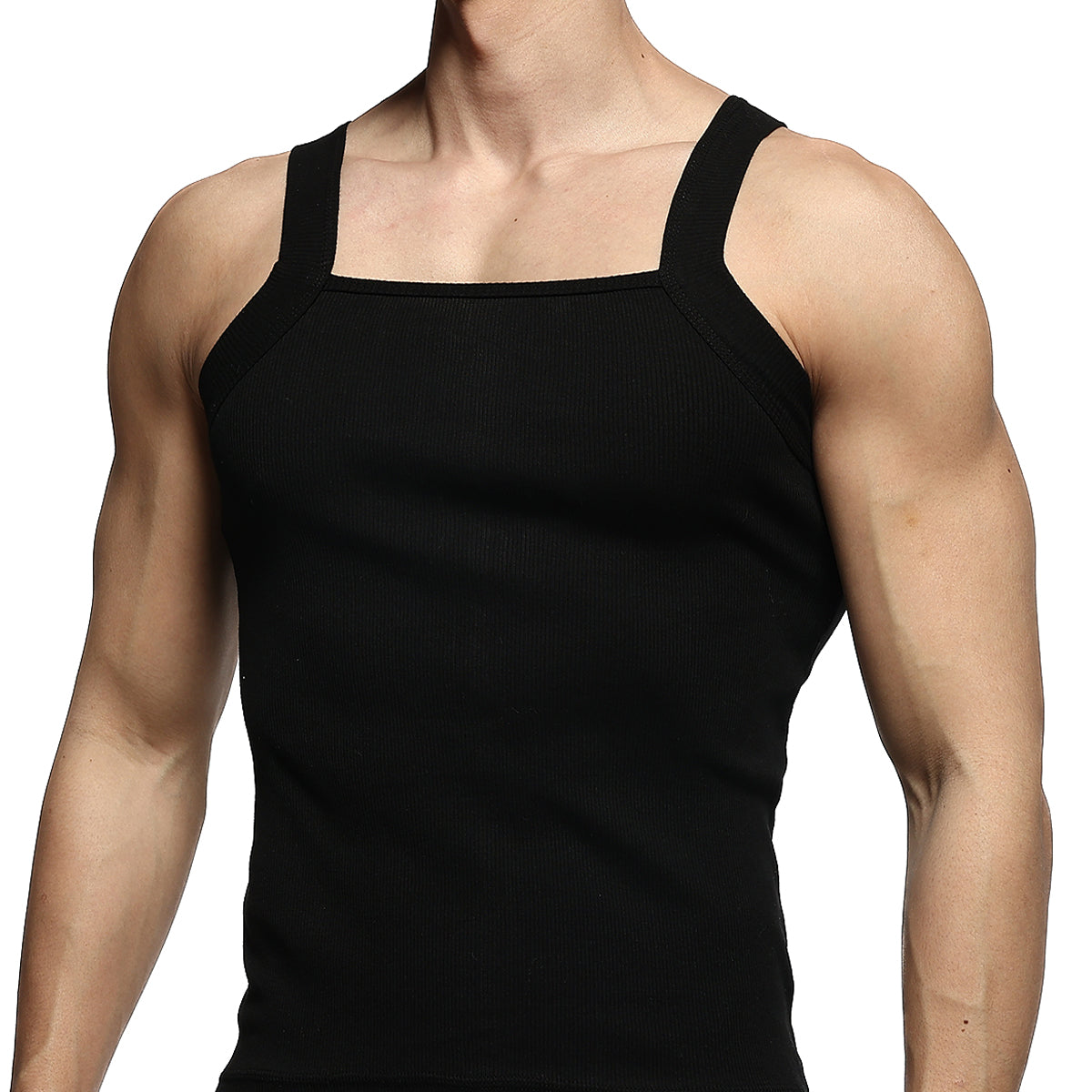 MetroMaleWear square cut black ribbed tank top with wide shoulder straps and square neckline for casual wear