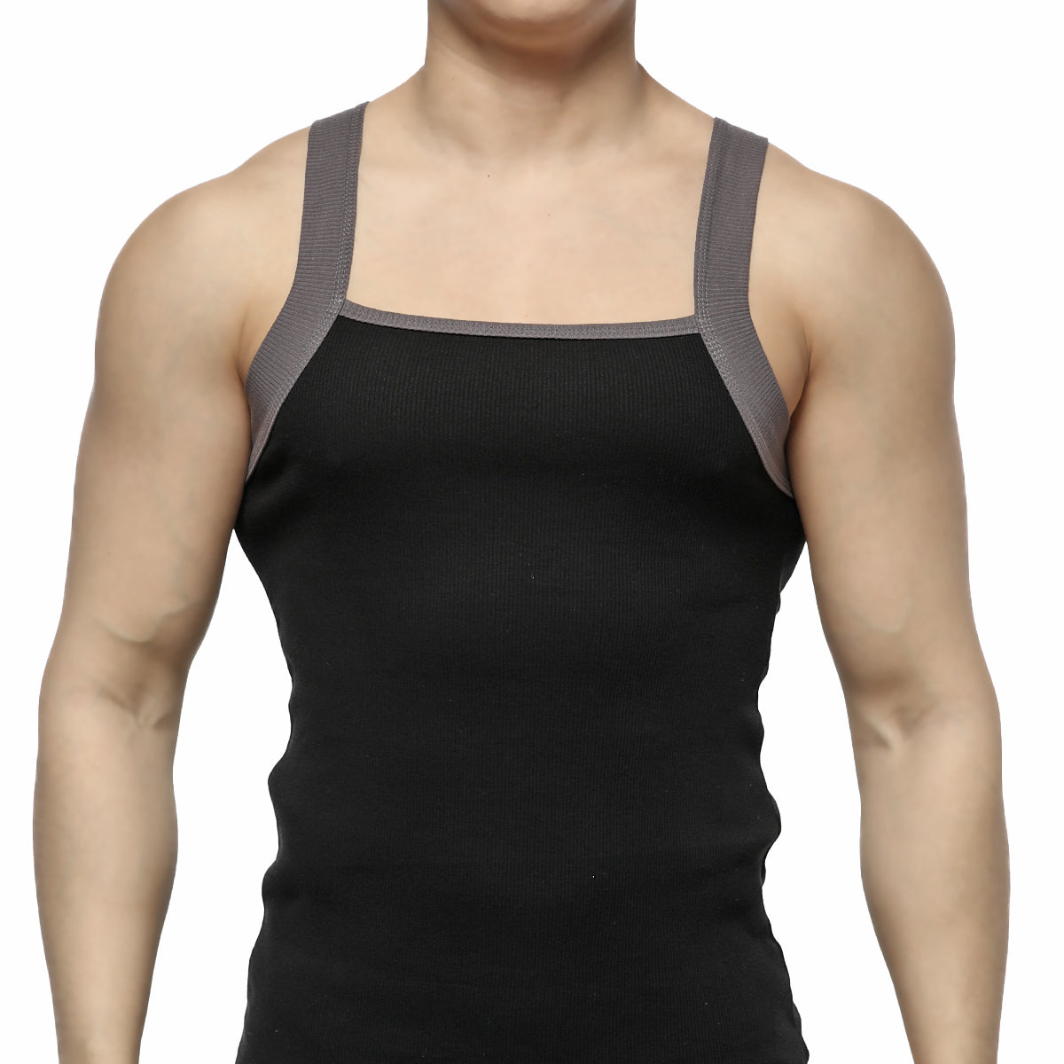 MetroMaleWear square cut tank top black ribbed fabric with gray reinforced shoulder straps for comfortable wear