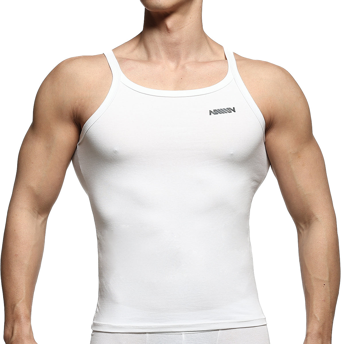 MetroMaleWear modern white tank top form-fitting with subtle gray logo on upper left chest for casual wear