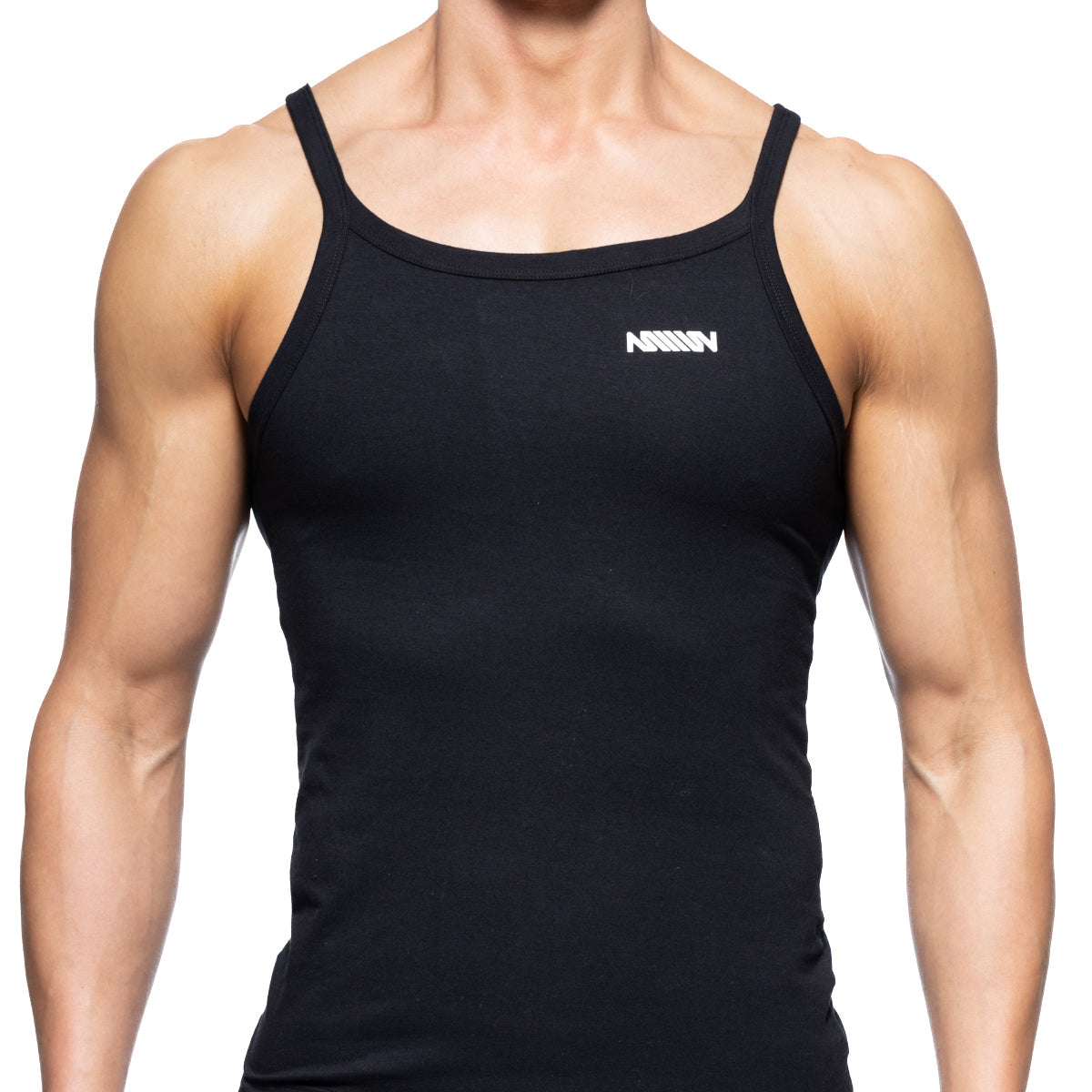 Black sleeveless tank top with thin straps and white logo on left chest from metromalewear modern tank top 3126-20