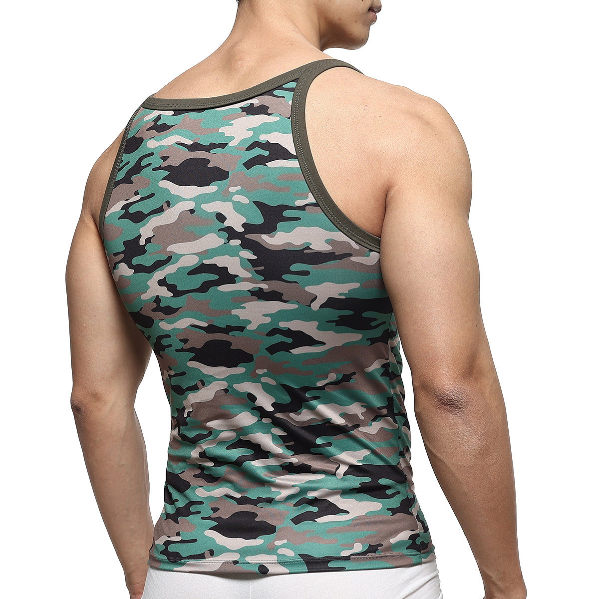 A men’s fitted tank top by MetroMaleWear with green brown and black camouflage and olive-green trim