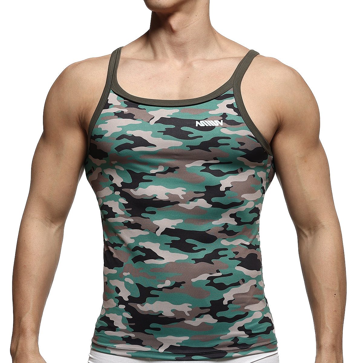 MetroMaleWear modern tank top camo with green and black camouflage pattern and olive green trim for casual wear