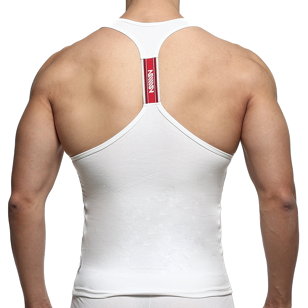 Back view of metroMalewear logo tank top white racerback with red stripe and mann branding down center back