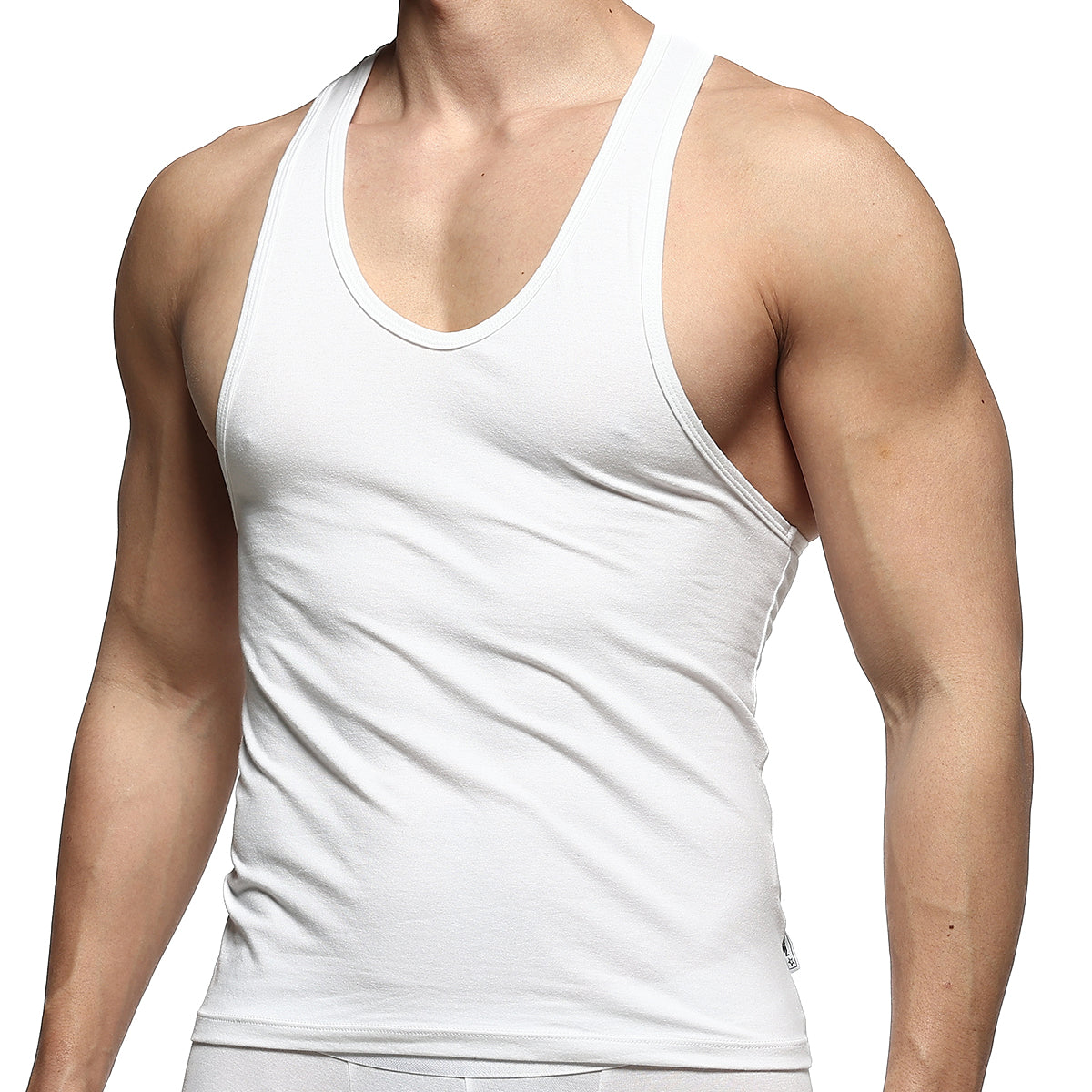 White cotton tank top with scoop neckline and ribbed trim from MetroMaleWear logo collection 3127-01