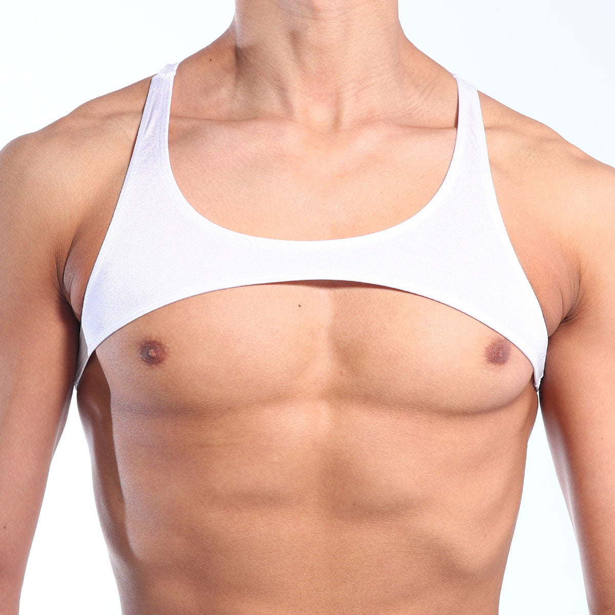 White form-fitting tank top with wide shoulder straps and scoop neckline from MetroMaleWear top y white 3129-00