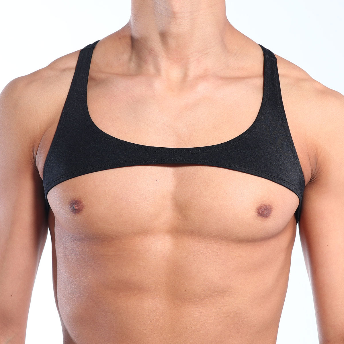 Black form-fitting tank top with wide shoulder straps and scoop neckline by MetroMaleWear shown from the back side