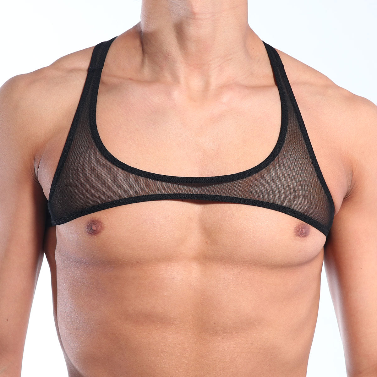 Black mesh sports bra with reinforced black trim from MetroMaleWear top y black mesh 3129-71 in front view