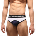 White and navy blue athletic briefs with black etromalewear waistband in MetroMaleWear hat thong white 3302-00 design