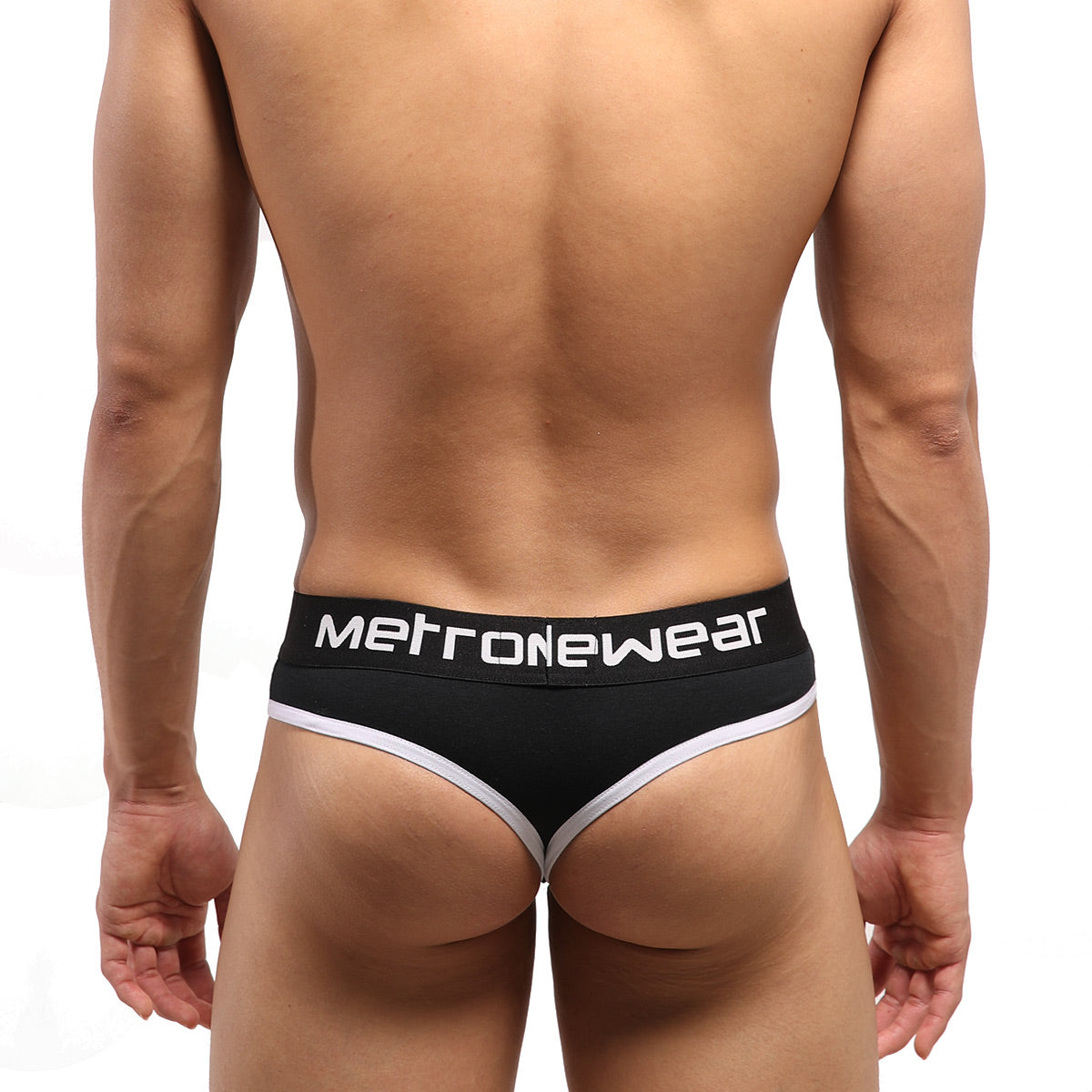 Black metronewear briefs with white trim and branding from MetroMaleWear Hat Thong White 3302-20 product line