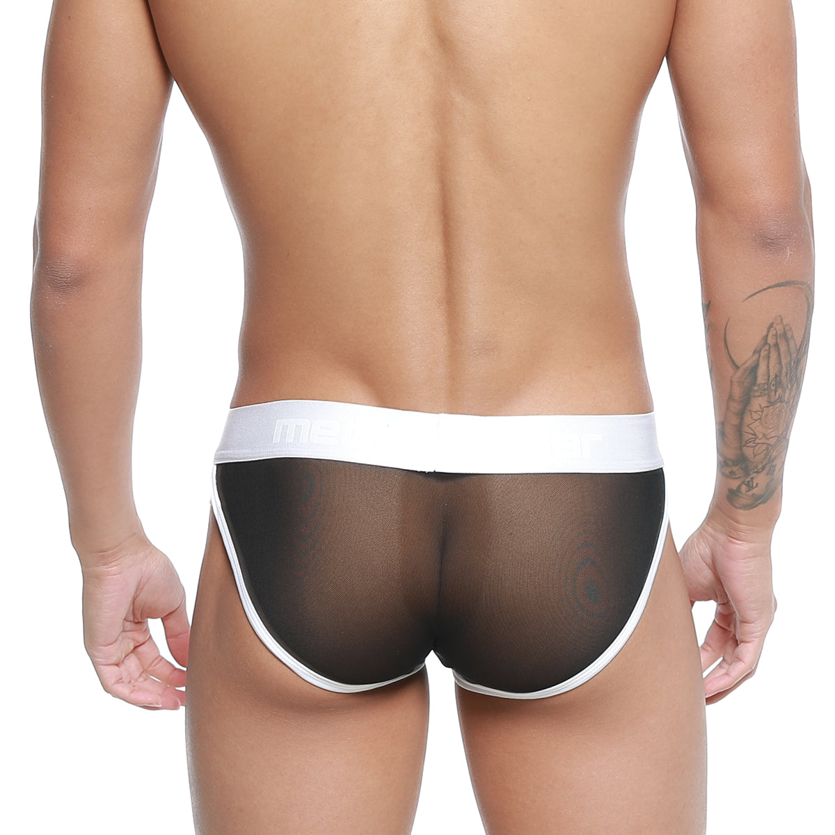 Black mesh briefs with white elastic waistband and trim metroMalewear active brief 3303-72 front view