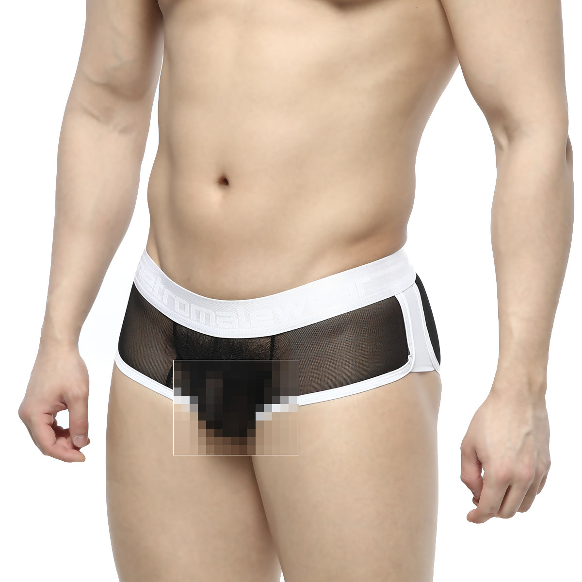 MetroMaleWear active boxer black mesh briefs with white elastic waistband and trim showing front view