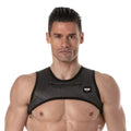 Black mesh 3D zipped pocket harness with small front pocket and tof logo on upper right side
