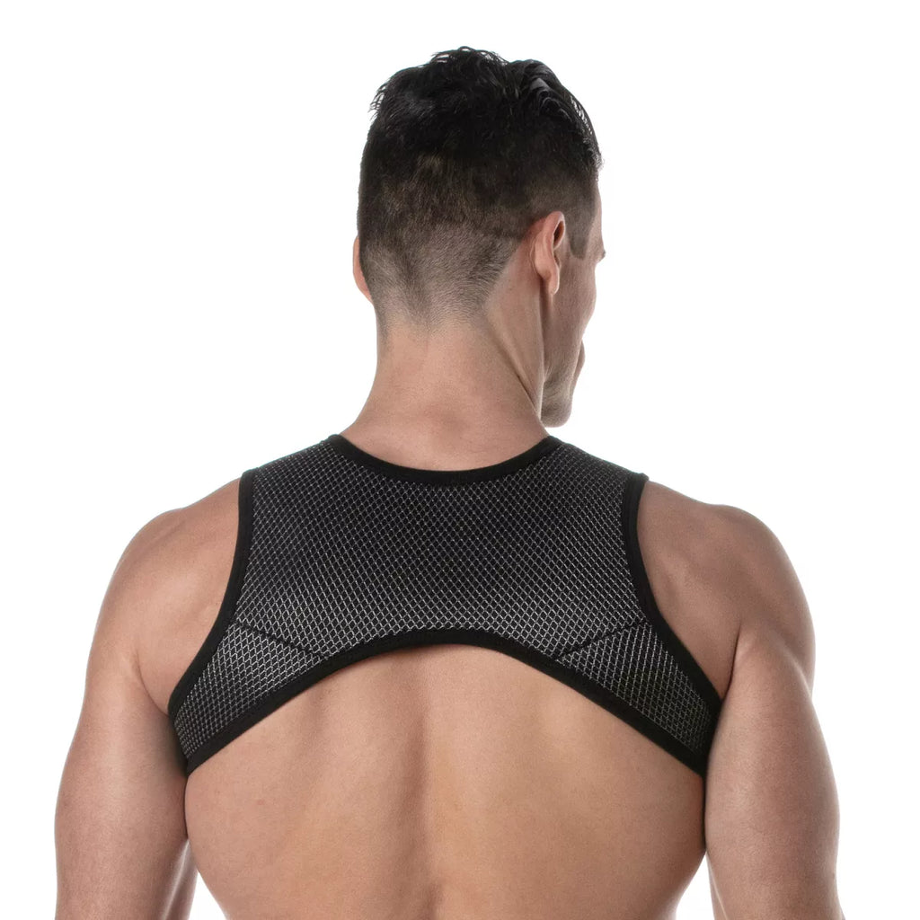 Black mesh back support with sleek form-fitting design in 3d zipped pocket harness for ergonomic comfort