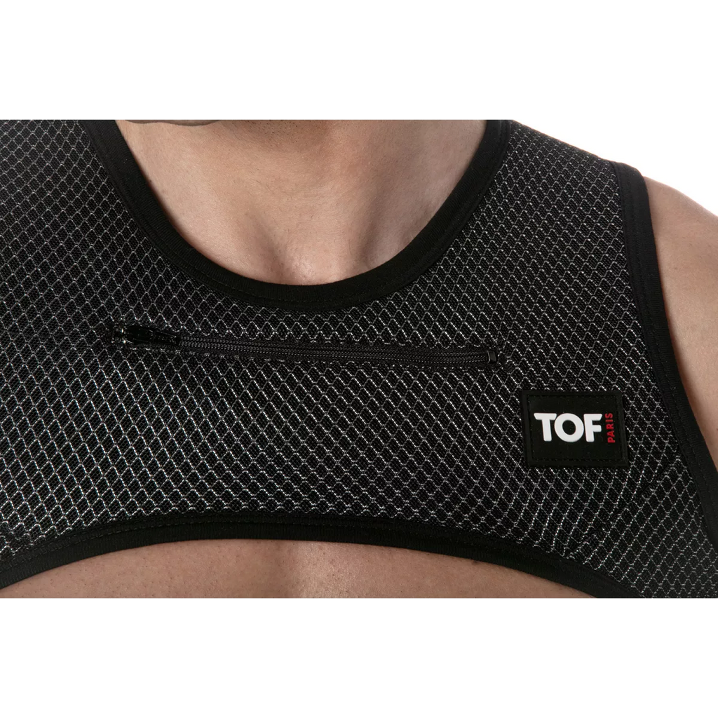Black mesh tank top 3d zipped pocket harness with subtle silver chain pattern and small front zipper pocket