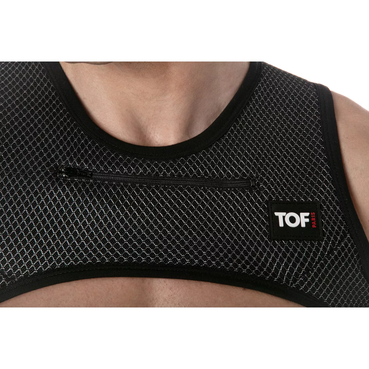 Black mesh tank top 3d zipped pocket harness with subtle silver chain pattern and small front zipper pocket
