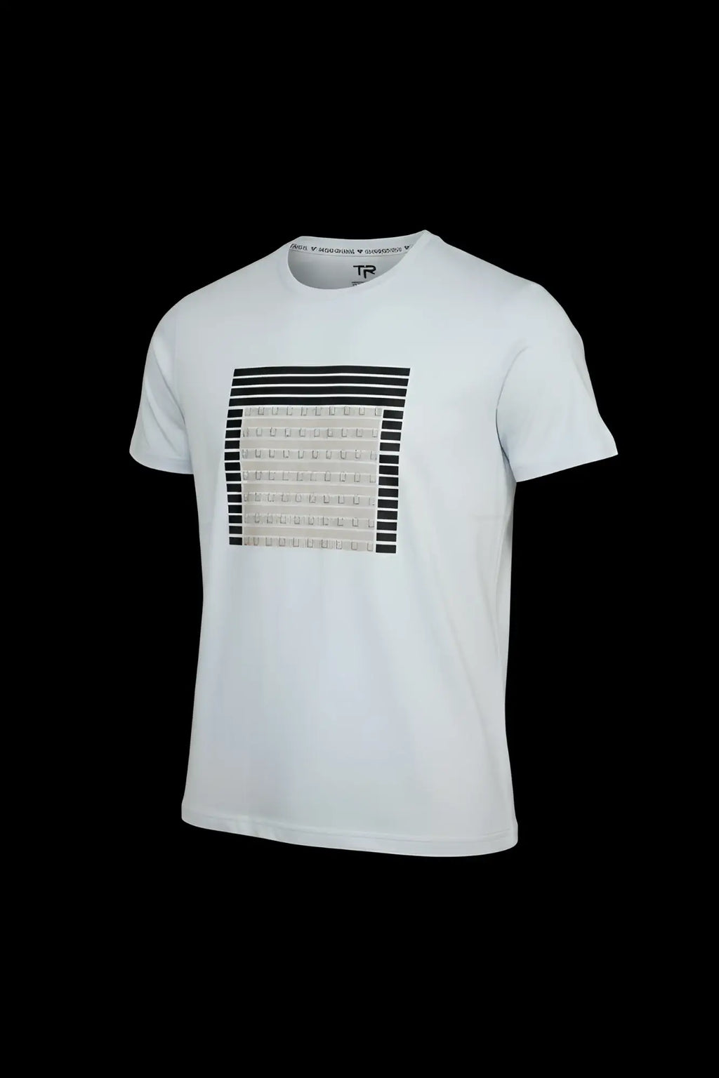 White cotton 3D abstract t-shirt with bold black and beige geometric pattern on the chest