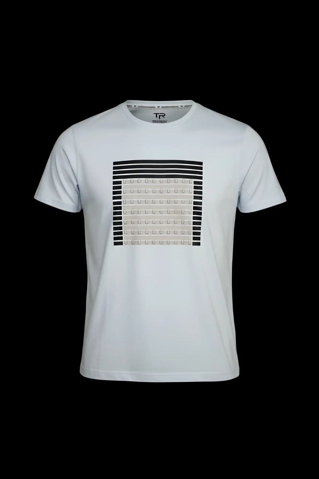 White cotton 3D abstract t-shirt with a bold black and beige geometric pattern centered on the chest