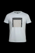 White cotton 3D abstract t-shirt with a bold black and beige geometric pattern centered on the chest