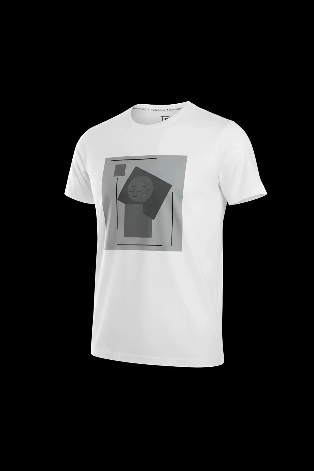 White cotton 3d abstract t-shirt with a geometric gray graphic print on the front
