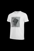 White cotton 3d abstract t-shirt with a geometric gray graphic print on the front