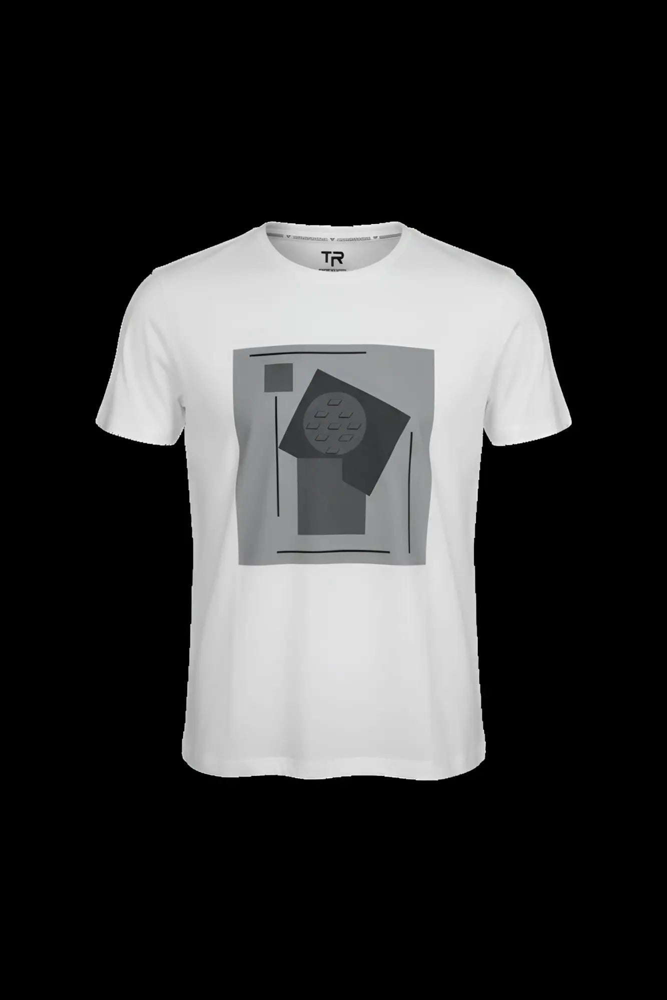 White short-sleeved 3D abstract t-shirt with gray geometric graphic print on soft cotton material