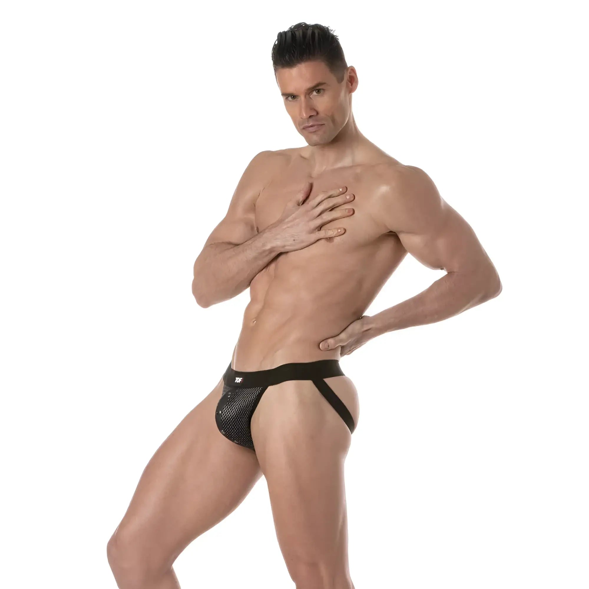 Black mesh 3d snap jockstrap briefs with solid black waistband and side straps showing the back side