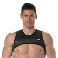 Black mesh 3D zipped pocket harness with small front pocket and tof logo on upper right side