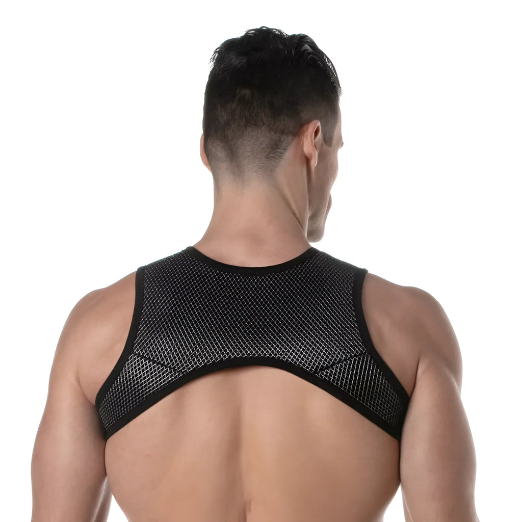 Black mesh back support with sleek form-fitting design in 3d zipped pocket harness for ergonomic comfort