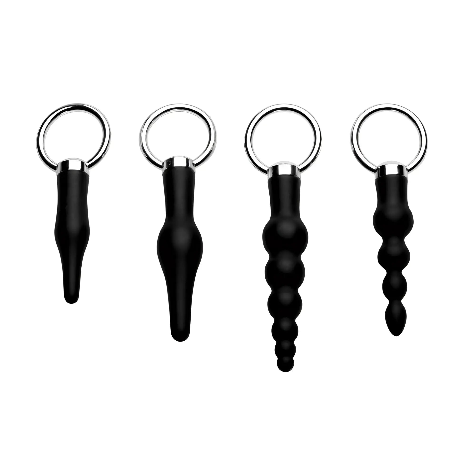 Set of four black silicone anal plugs with metallic rings designed for comfortable and safe use