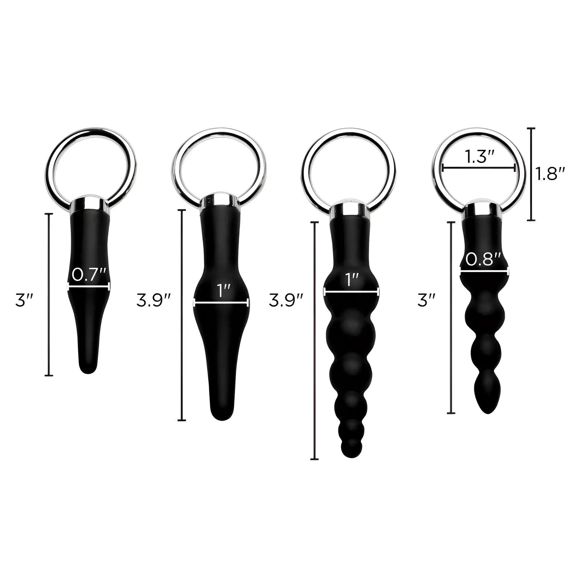 Set of four black silicone anal plugs with silver metal rings and varied textures sizes 0.7 to 3 inches