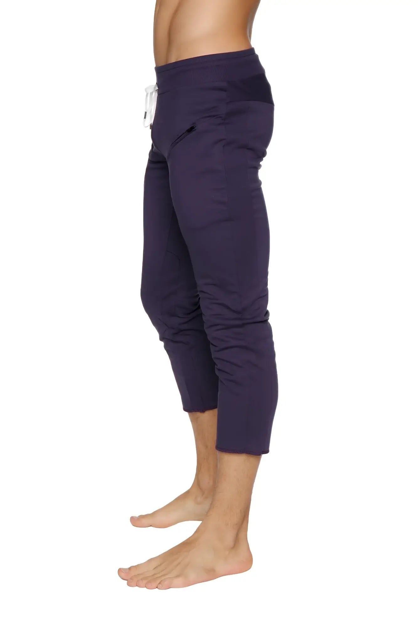 Mens navy blue capri yoga pants with white drawstring waistband and side pockets for athletic use